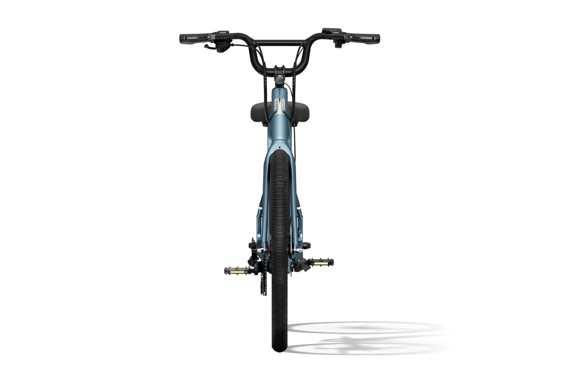 A front view of the Aventon - Pace 4, a blue bicycle by Aventon with black handlebars, pedals, and tires, positioned against a plain white background.