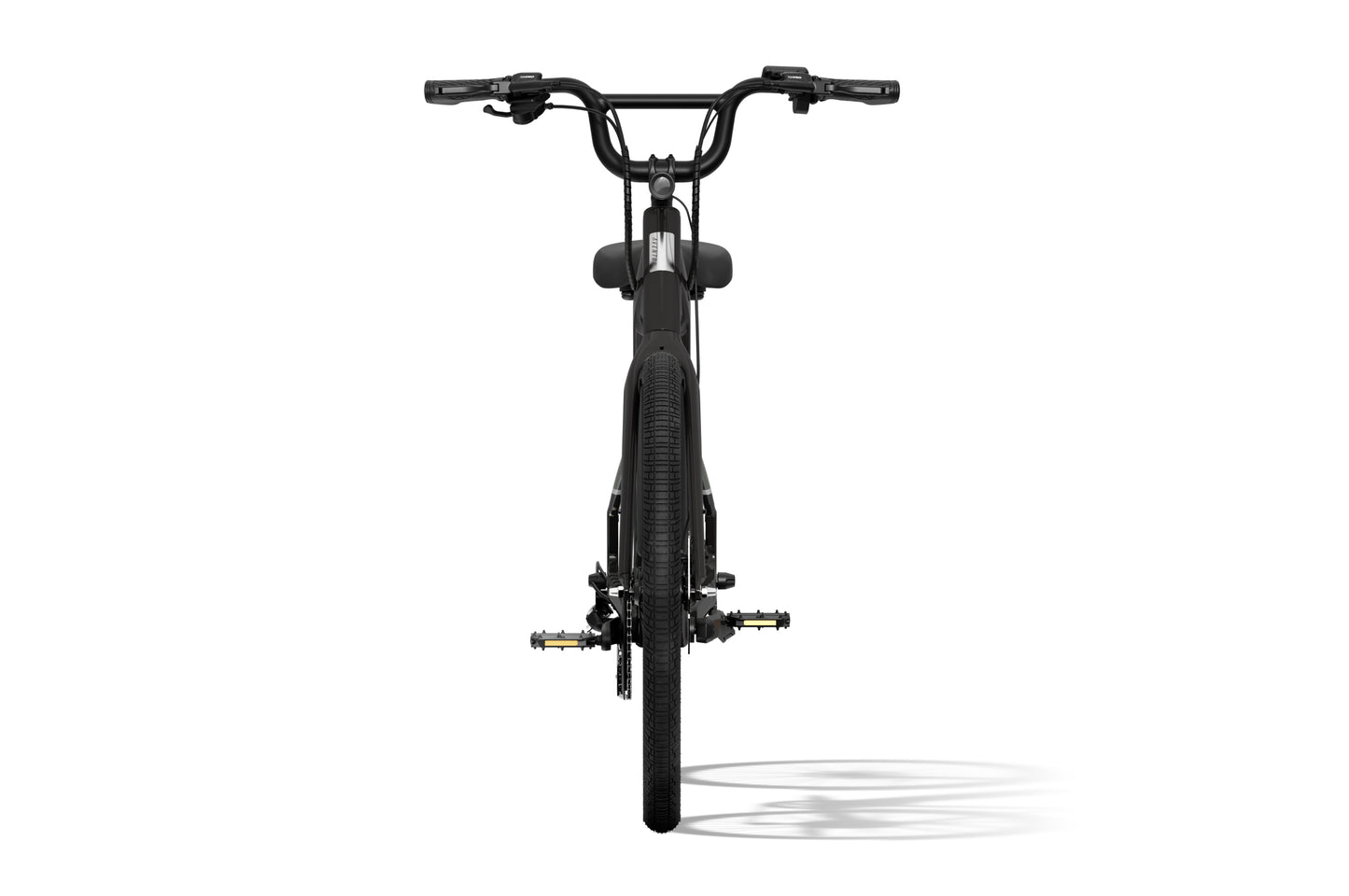 Front view of the Aventon Pace 4 by Aventon, a black bicycle featuring wide handlebars and thick tires, photographed against a plain white background.