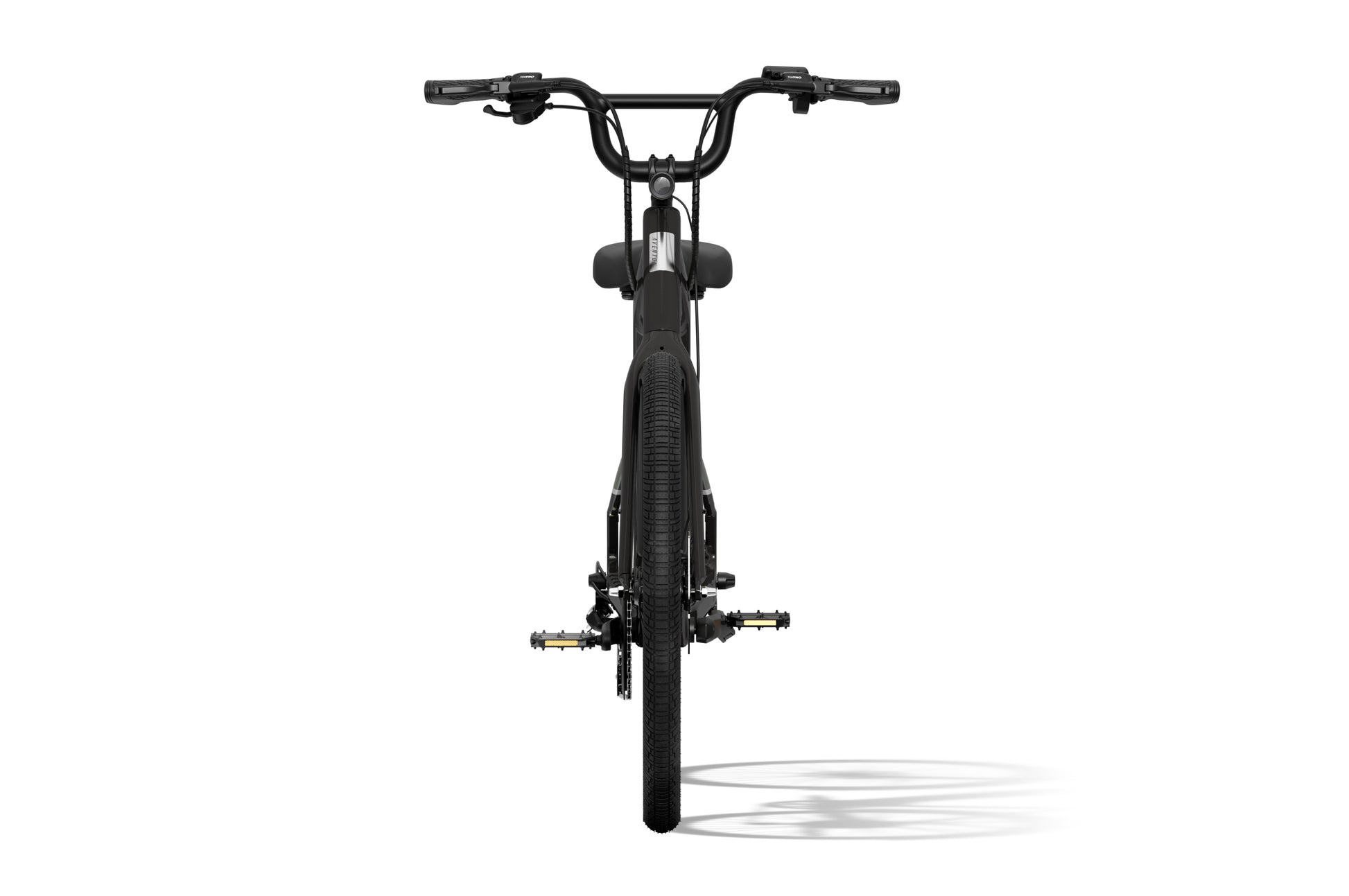 Front view of the Aventon Pace 4 by Aventon, a black bicycle featuring wide handlebars and thick tires, photographed against a plain white background.