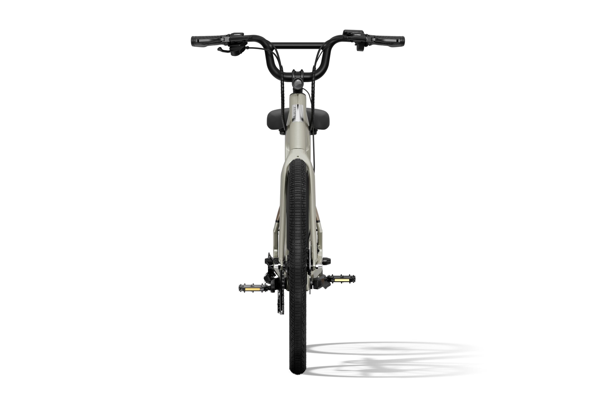 Front view of the Aventon - Pace 4 electric bike in gray by Aventon, featuring visible handlebars, front wheel, pedals, and seat against a white background.