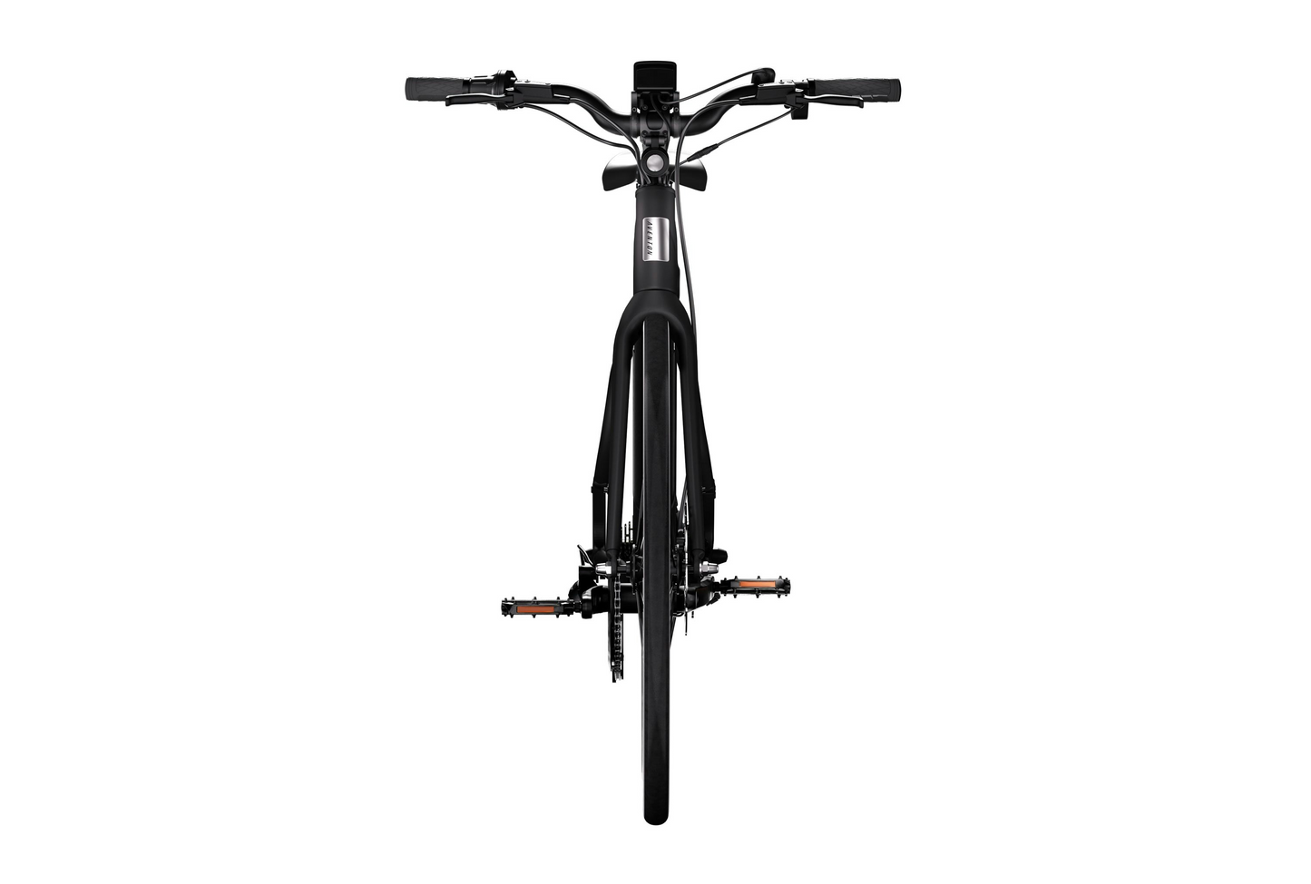 Front view of a black Aventon Soltera 2.5 bicycle with an aerodynamic frame against a white background, highlighting the handlebars, front wheel, pedals, and part of the frame.