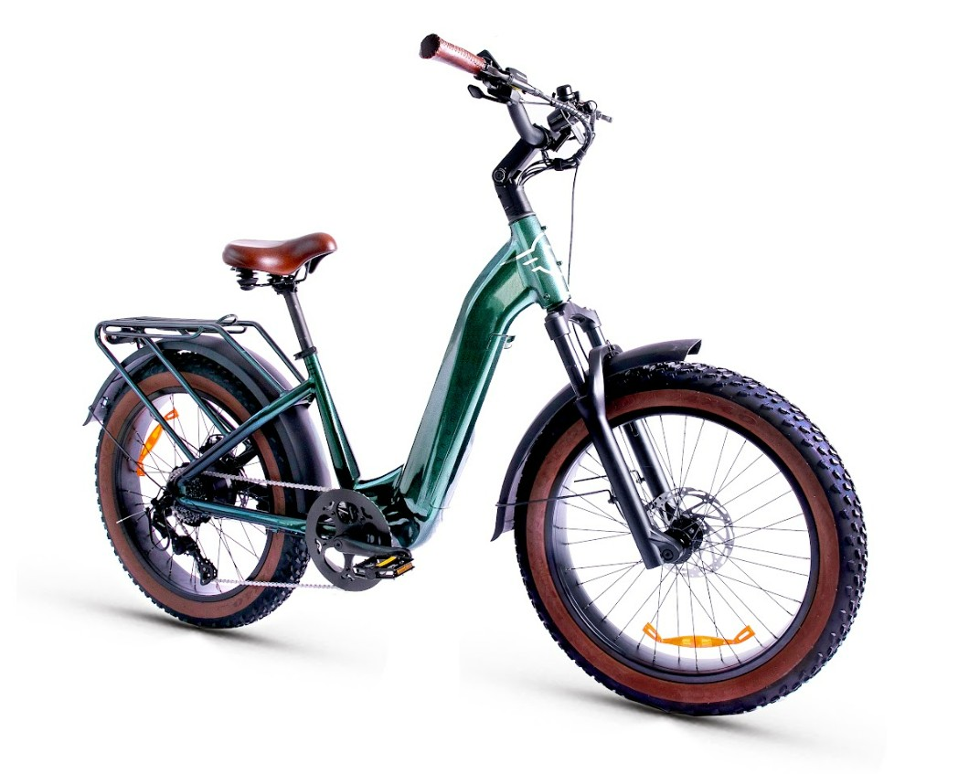 The Magnum - Bliss by Tampa Bay eBikes, a green electric bike with a 500W motor, wide brown tires, front suspension fork, upright handlebars, and rear cargo rack is shown against a white background.