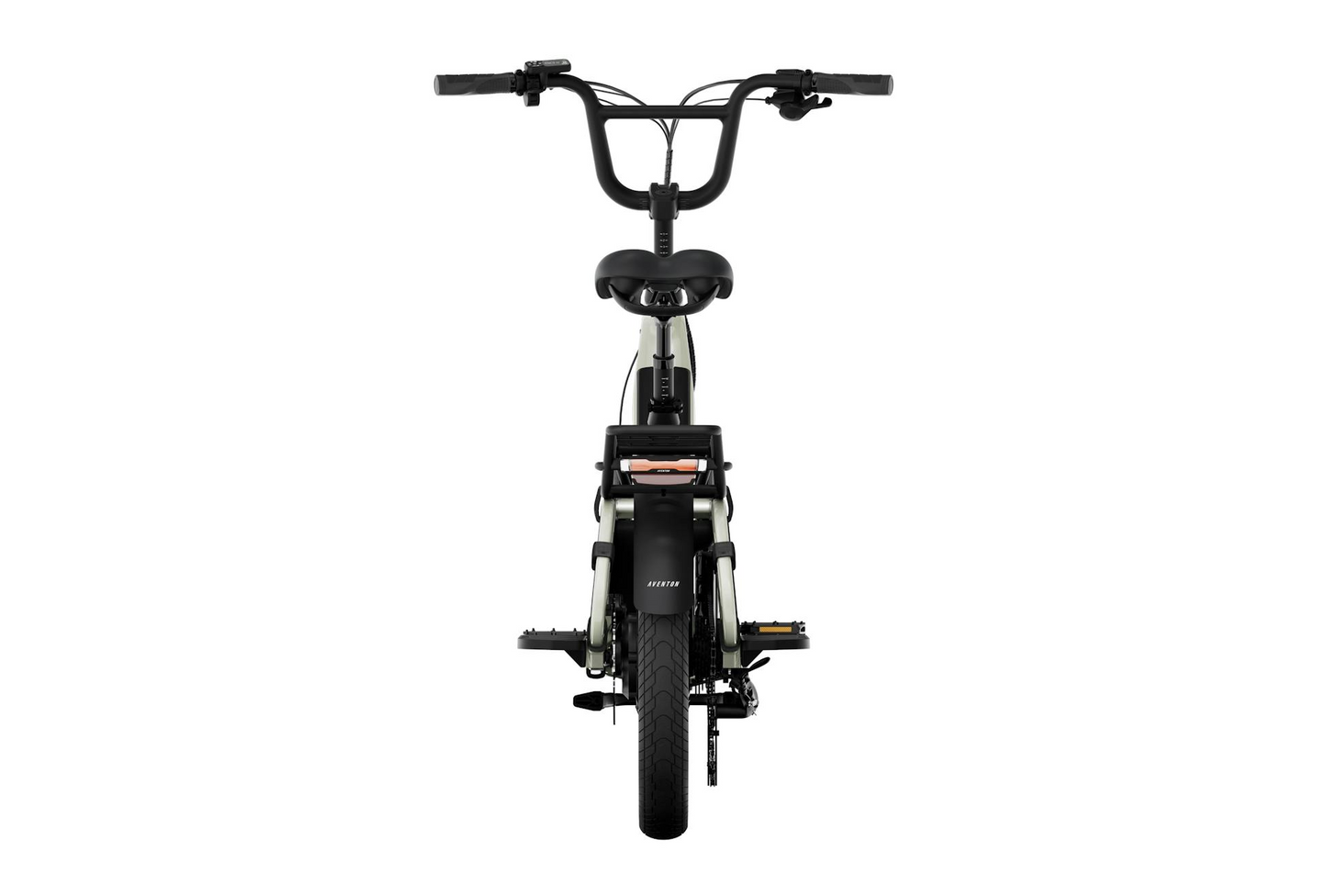 Front view of the Aventon Abound LR electric bike by Aventon against a white background, showcasing its handlebars, seat, pedals, and front wheel.