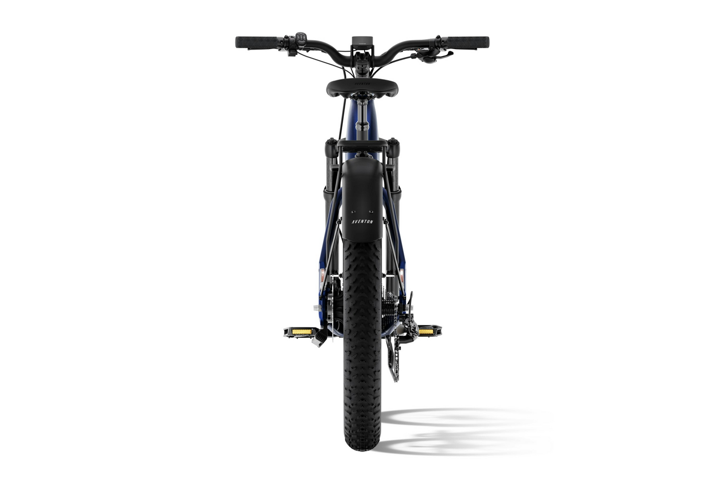 Front view of the Aventon Aventure 3 by Aventon, showcasing its handlebars, front suspension fork, 750W motor, fat tire, pedals, and fender—captured against a plain white background.