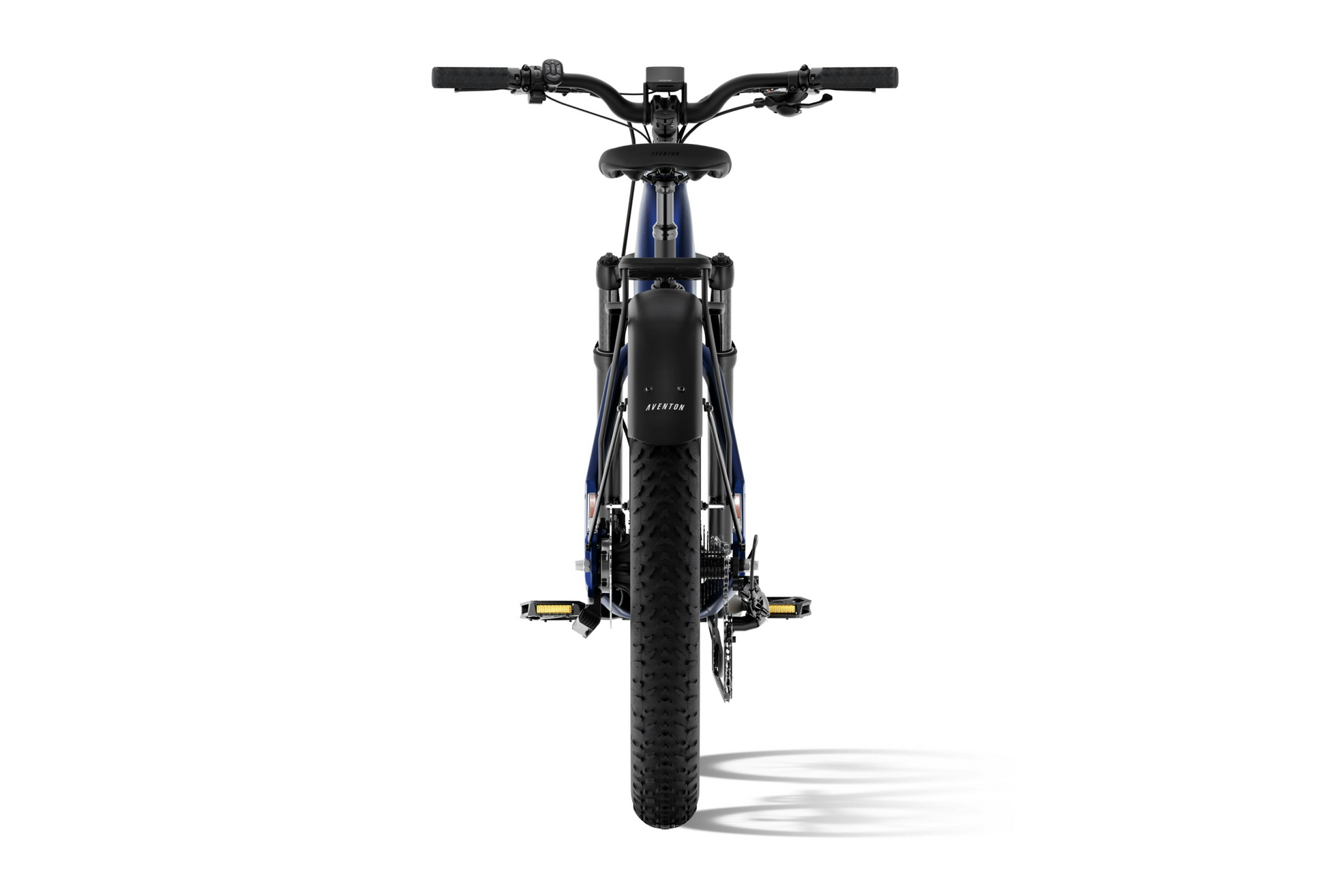 Front view of the Aventon Aventure 3 by Aventon, showcasing its handlebars, front suspension fork, 750W motor, fat tire, pedals, and fender—captured against a plain white background.