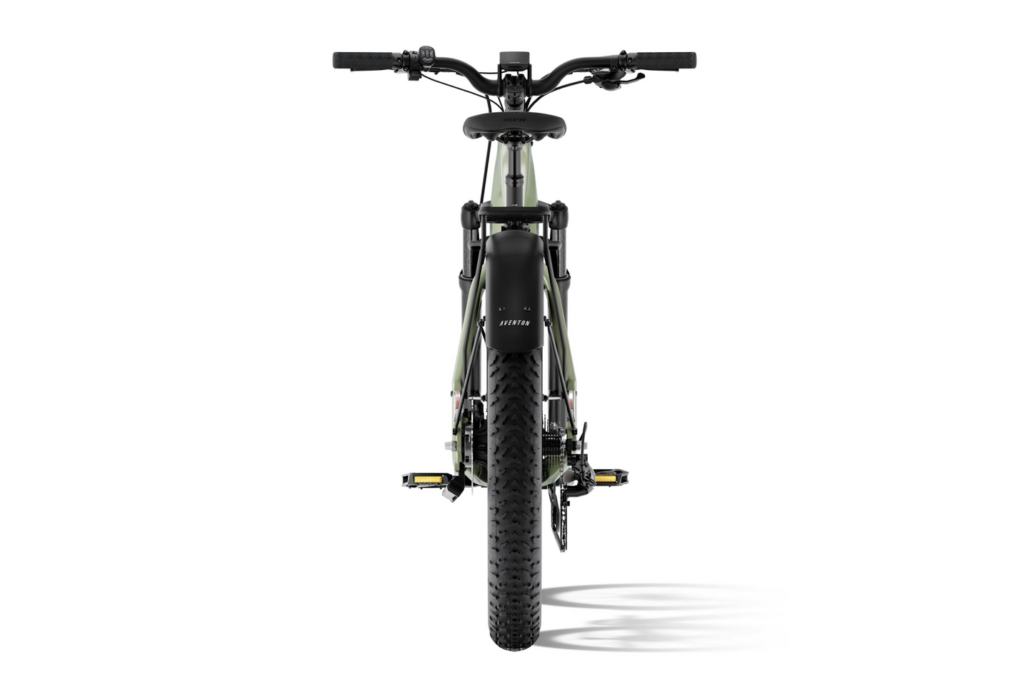 Front view of the Aventon Aventure 3 fat tire eBike by Aventon, featuring flat handlebars and an adventure-ready electric design against a white background.