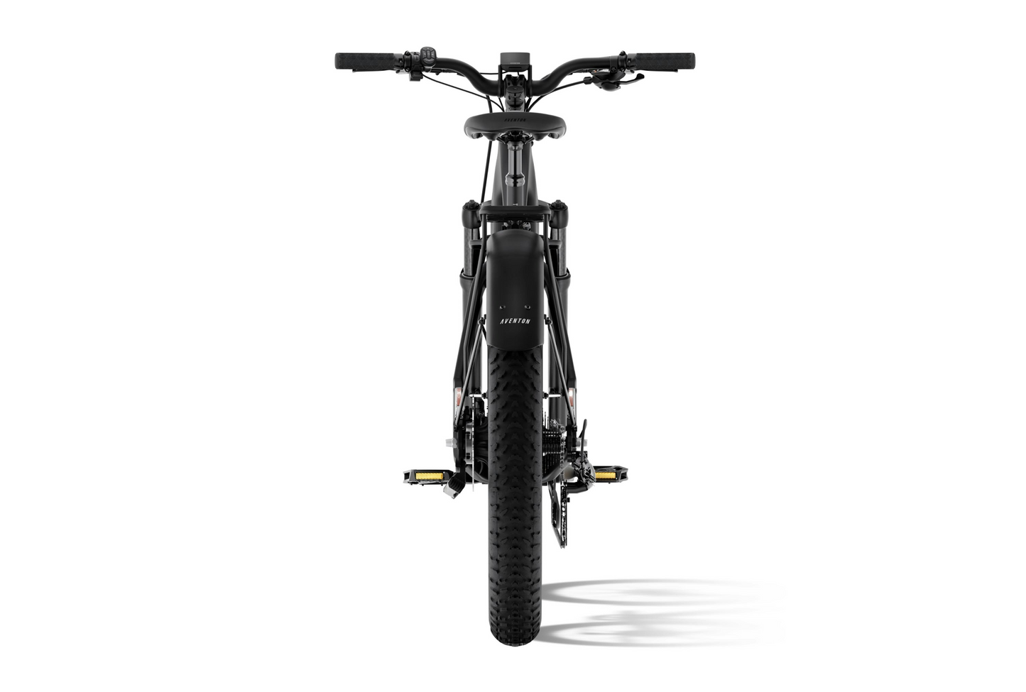 Front view of the Aventon Aventure 3 fat tire eBike in black, featuring wide tires and flat handlebars—ideal for your next electric adventure. Brand: Aventon.