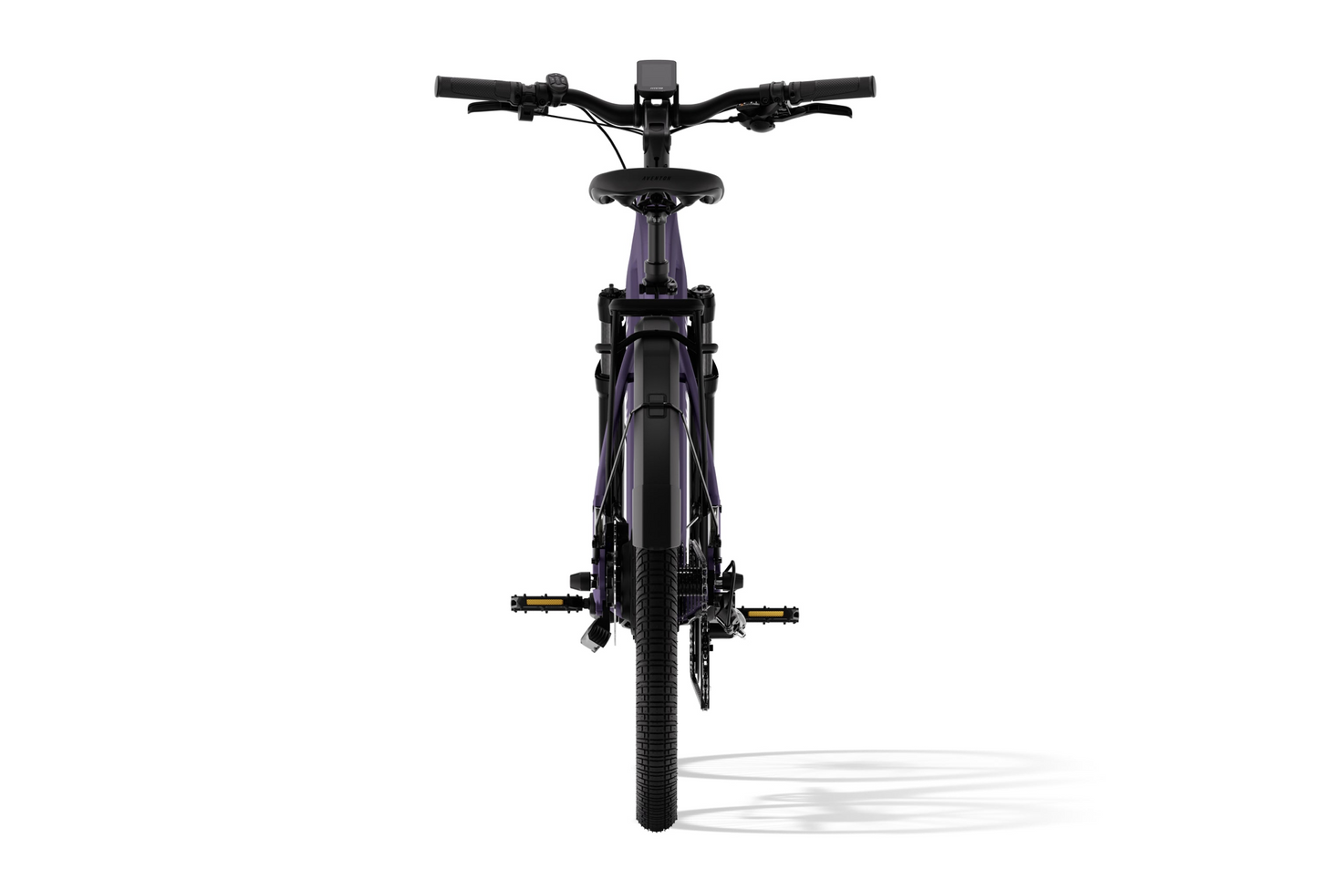 Front view of the Aventon Level 3 eBike, showcasing its sleek black and purple frame, wide handlebars, and thick tires against a white background.