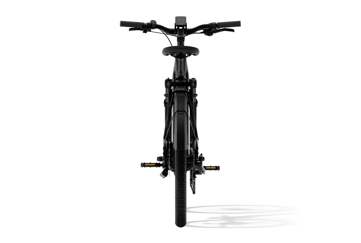 The Aventon Level 3 eBike, with wide handlebars and textured tires, is centered against a plain white backdrop. Ideal for commuters, it offers a smart security system for peace of mind.