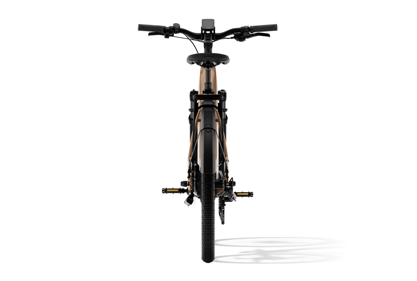 Front view of an Aventon commuter eBike with a black and tan frame, handlebars, and a single front wheel casting a shadow on the ground.