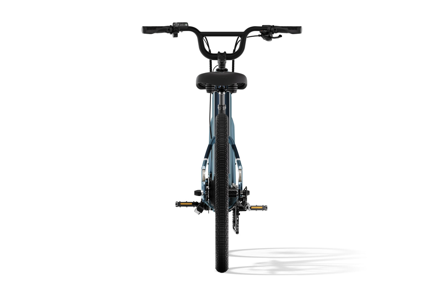 Front view of the Aventon Pace 4 by Aventon, a black and blue BMX-style bicycle showing handlebars, seat, and front tire against a white background.