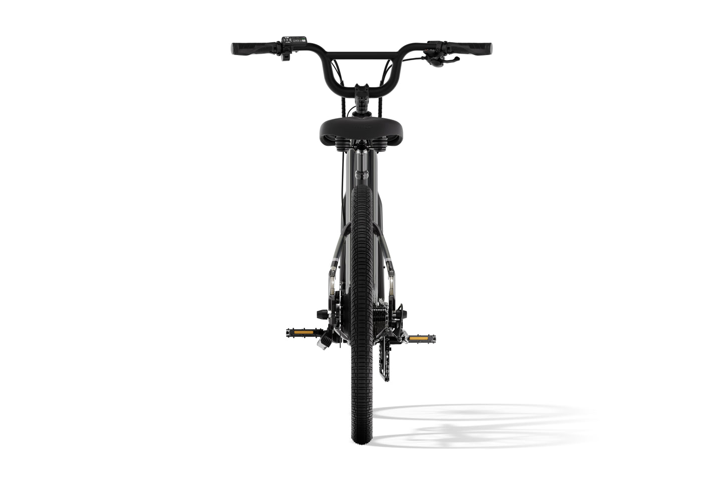 Front view of the Aventon Pace 4 electric bike by Aventon, shown in black with stunt pegs on both wheels, set against a white background.