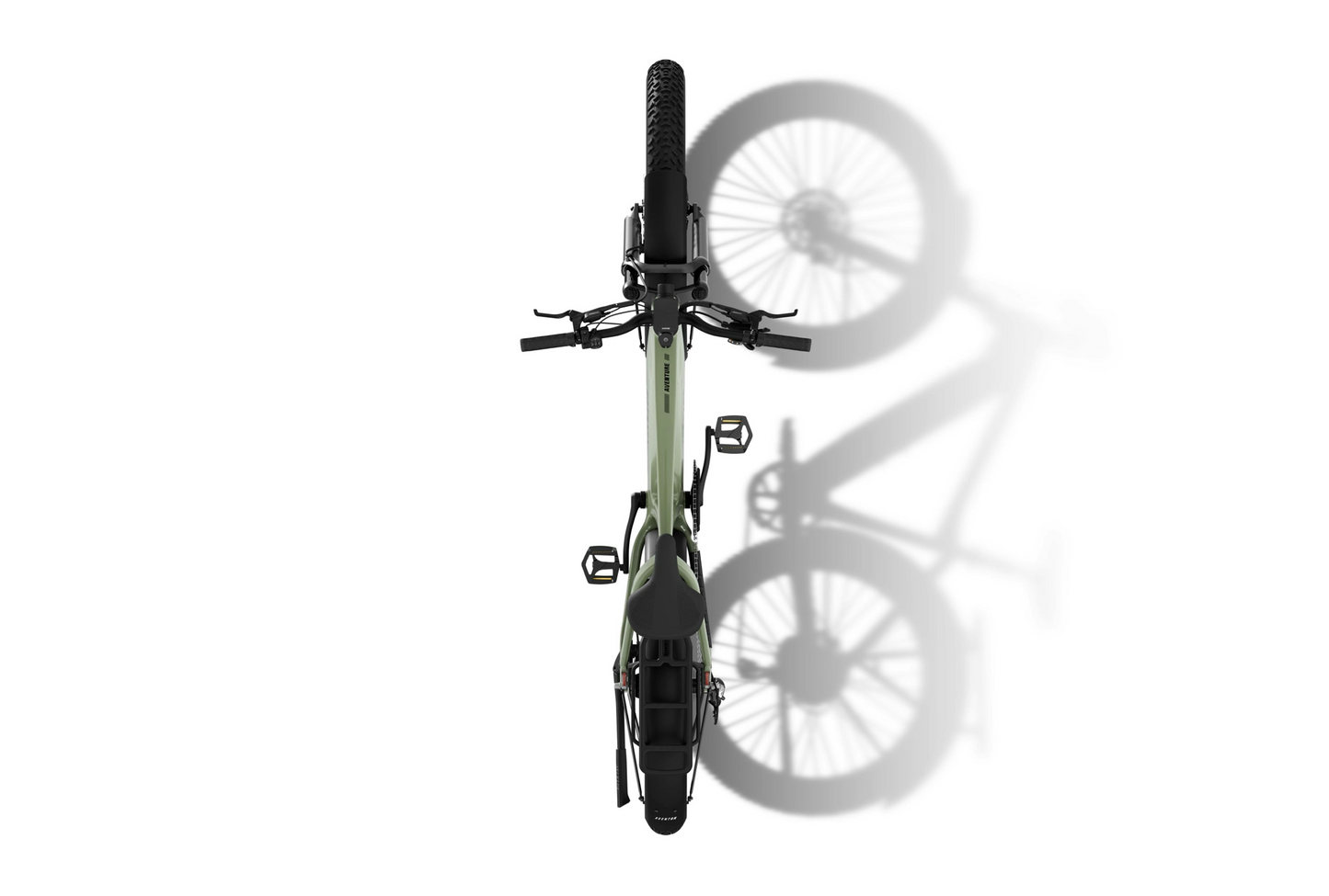 Top-down view of a green and black Aventon - Aventure 3 fat tire eBike by Aventon, casting a shadow to the right on a white background.