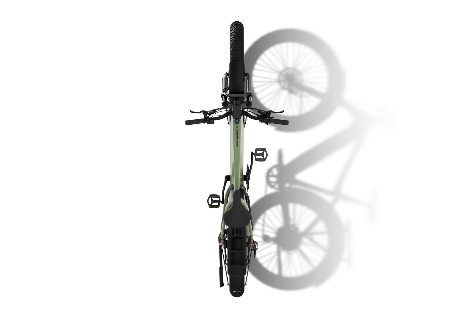 Top-down view of a green and black Aventon - Aventure 3 fat tire eBike by Aventon, casting a shadow to the right on a white background.