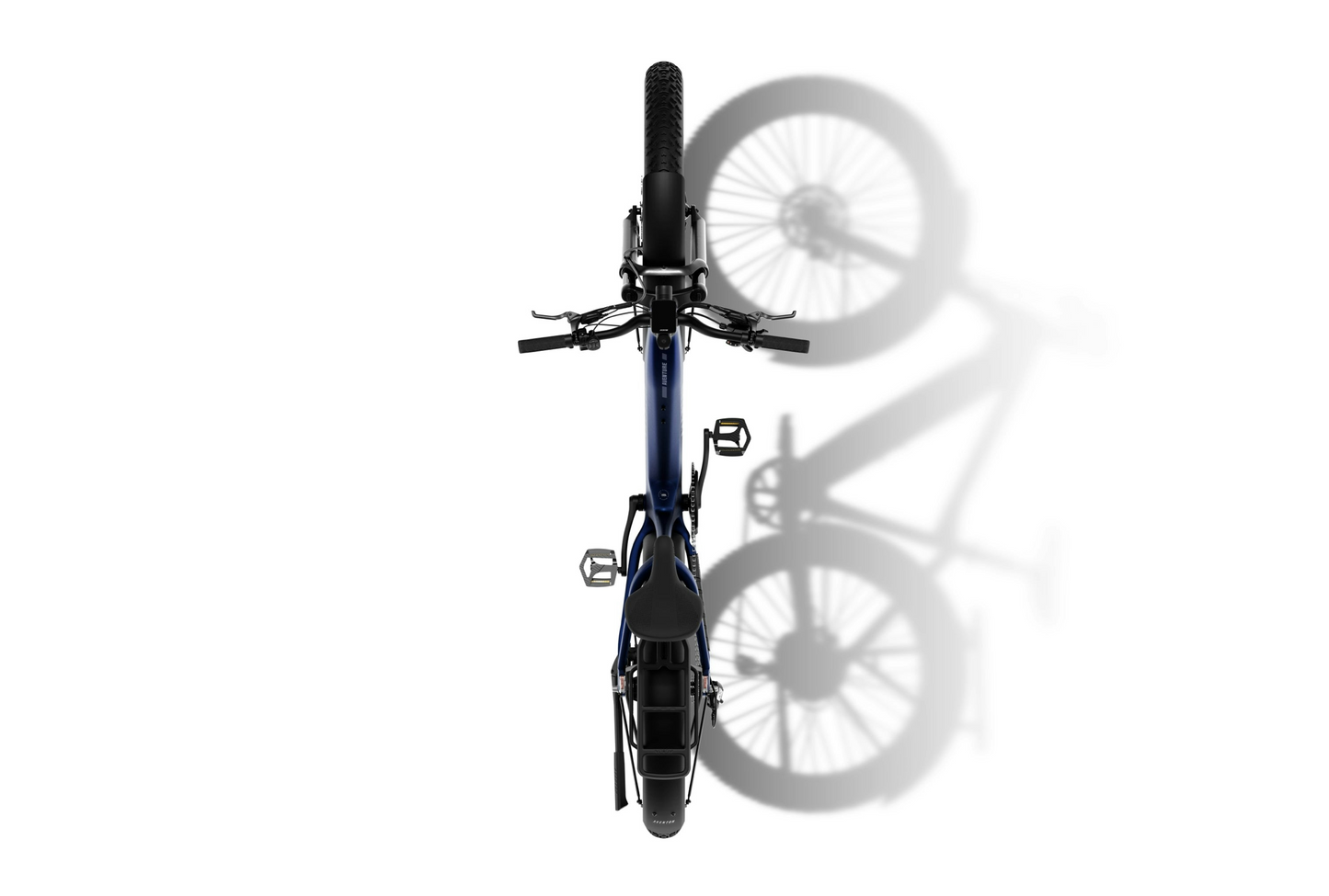 Top-down view of the Aventon - Aventure 3 by Aventon, a fat tire eBike with visible handlebars, wheels, pedals, and a strong shadow on white. Its powerful 750W motor is highlighted in the design.