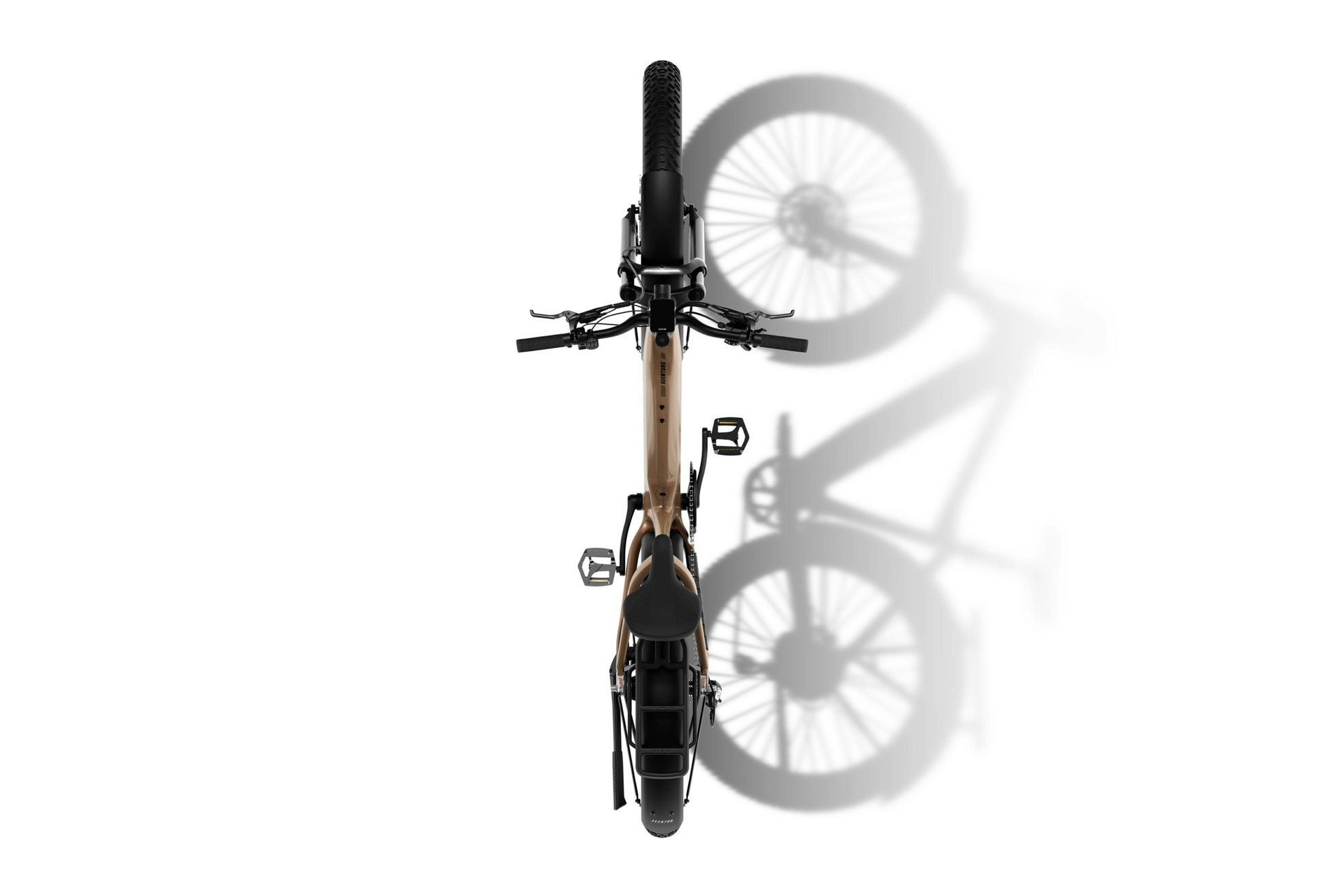 Top view of the Aventon - Aventure 3 by Aventon, a fat tire eBike. Its handlebars, seat, and wide tires for rugged electric adventures are clearly visible, with a shadow cast to the right on a white background.