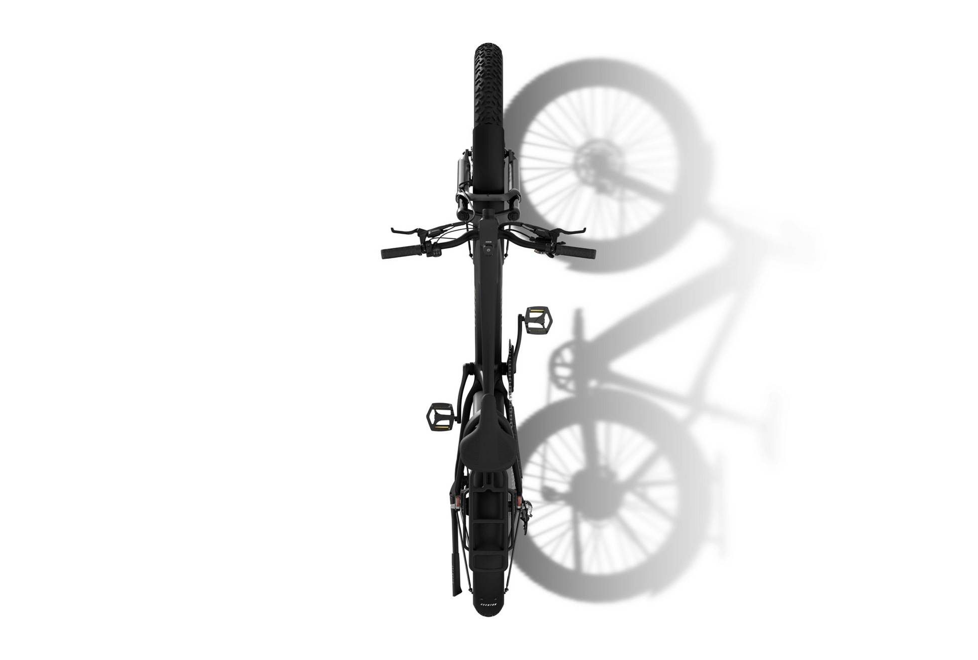 Top-down view of an Aventon - Aventure 3 fat tire eBike by Aventon, black color, casting a distinct shadow to the right on a white surface.