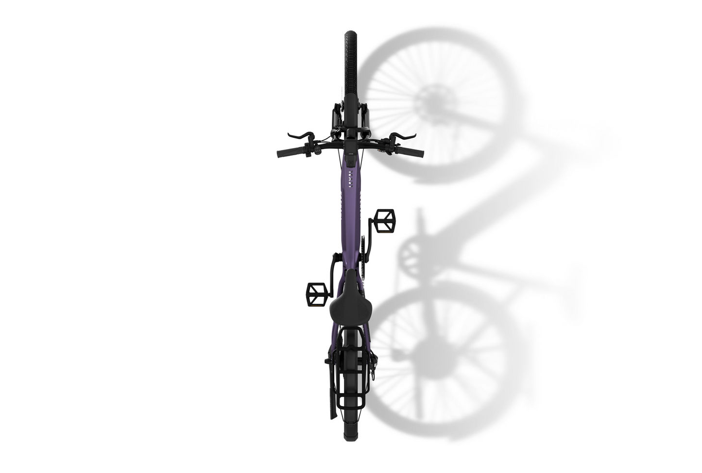 A top-down shot of an Aventon Level 3 eBike features a purple frame, black handlebars and pedals, and a smart security system, all casting a distinct shadow on a white backdrop.