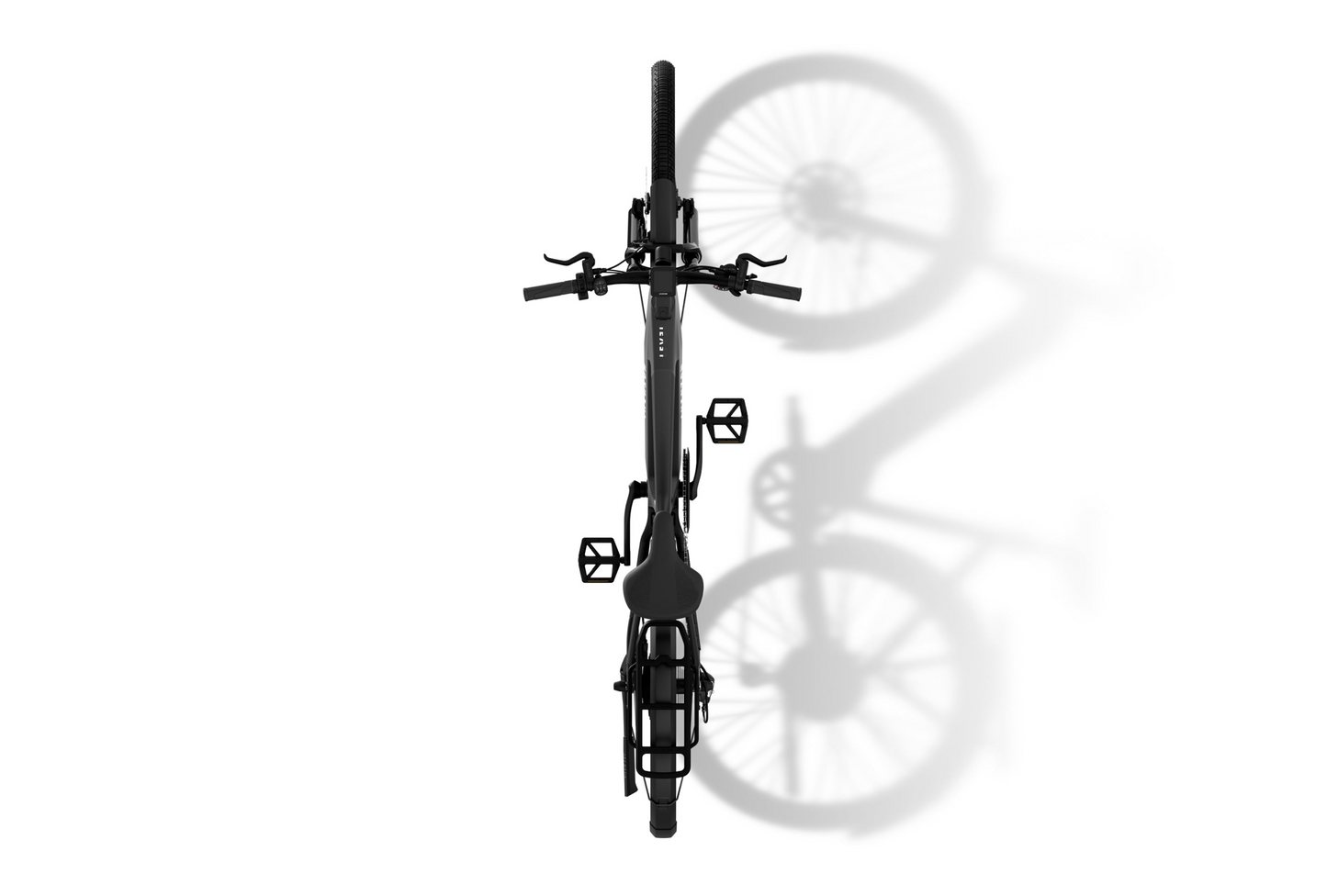 Top view of a Level 3 eBike by Aventon, featuring wide tires that cast shadows on a white background.