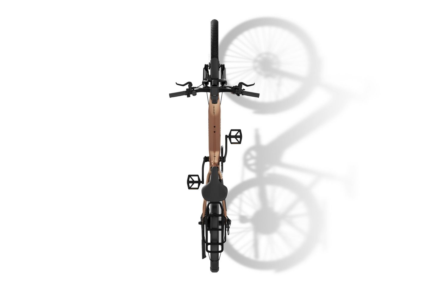 A top-down view of a Commuter eBike with a brown frame and black handlebars, seat, and pedals casts a shadow on a white background, showcasing the Aventon style reminiscent of their Level 3 Step-Through design.