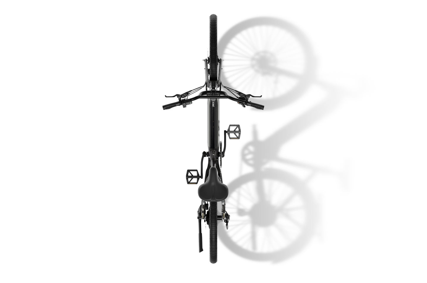 Overhead view of the Aventon - Pace 4 electric bike by Aventon in black, casting a shadow on a white background.