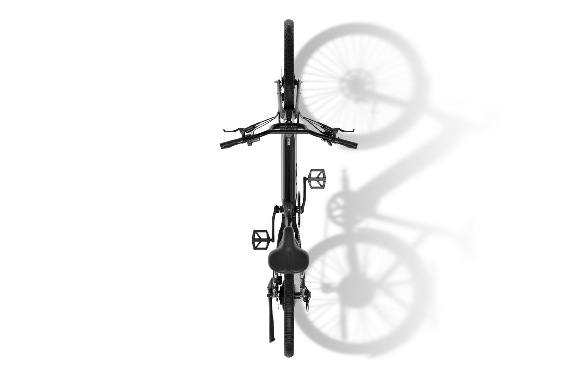 Overhead view of the Aventon - Pace 4 electric bike by Aventon in black, casting a shadow on a white background.