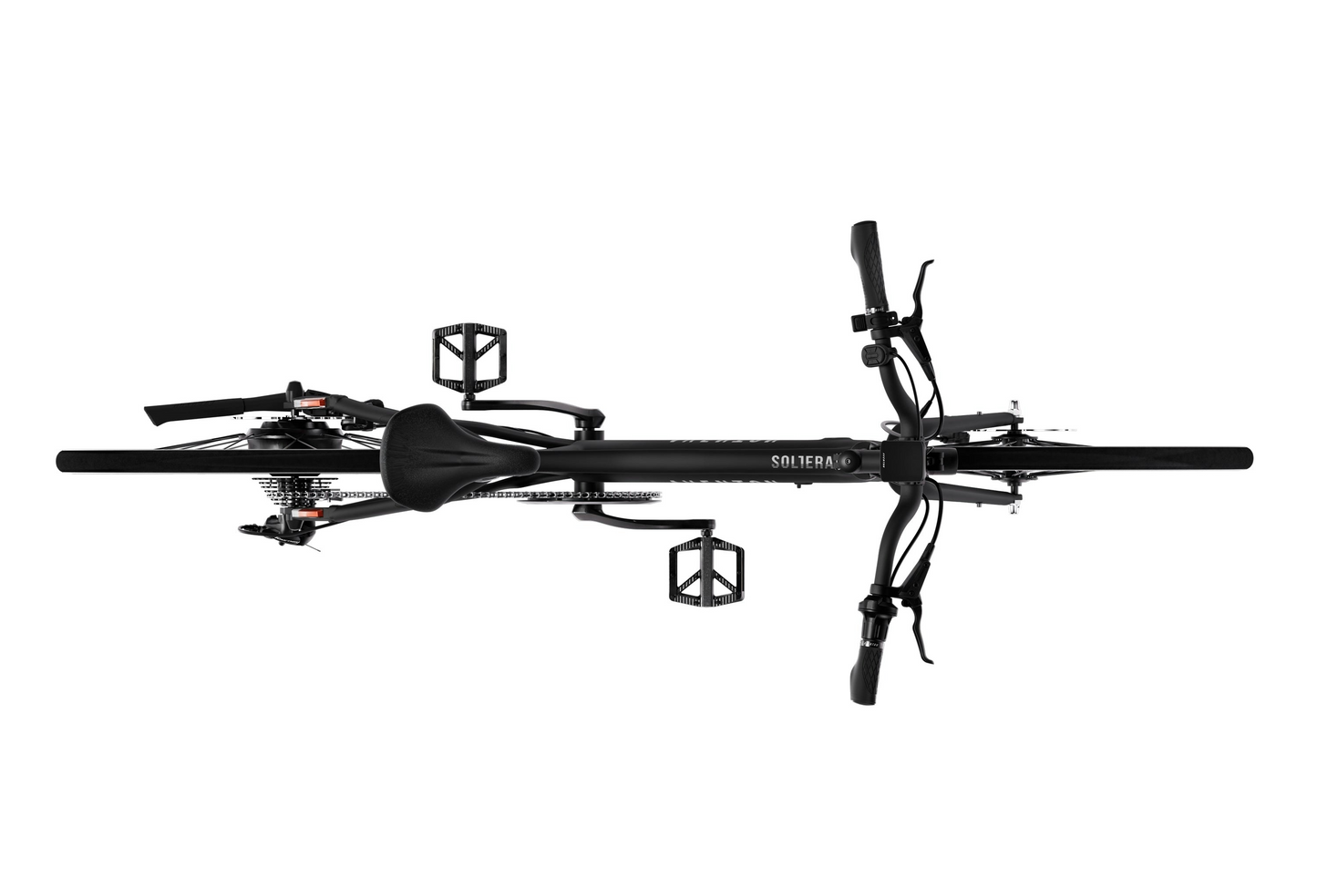 Top view of the Aventon - Soltera 2.5 by Aventon, highlighting its aerodynamic frame, handlebars, seat, pedals, and gear mechanism against a white background.