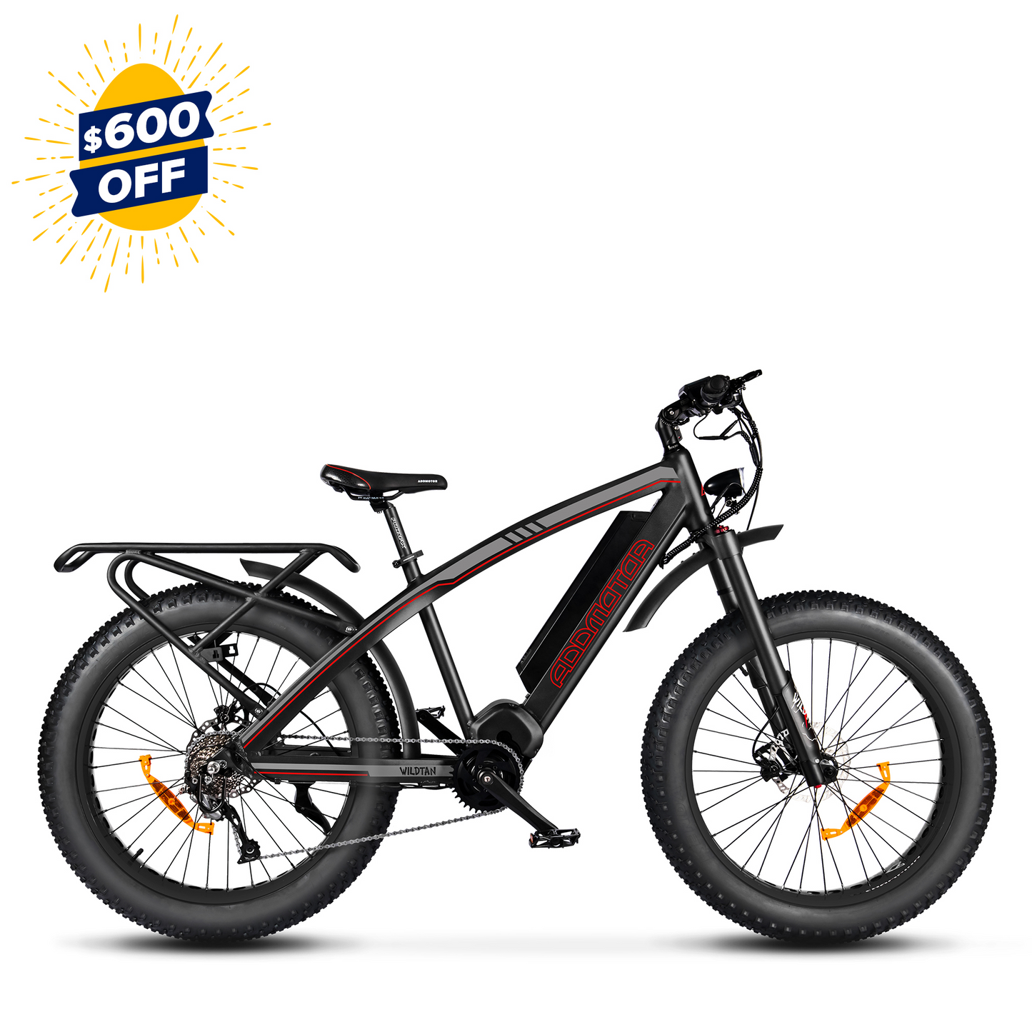Addmotor - Wildtan M5600 electric mountain bike with Samsung battery and promotional discount displayed.