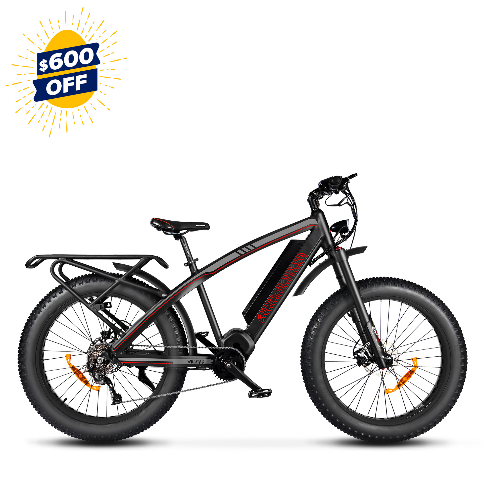 Addmotor - Wildtan M5600 electric mountain bike with Samsung battery and promotional discount displayed.
