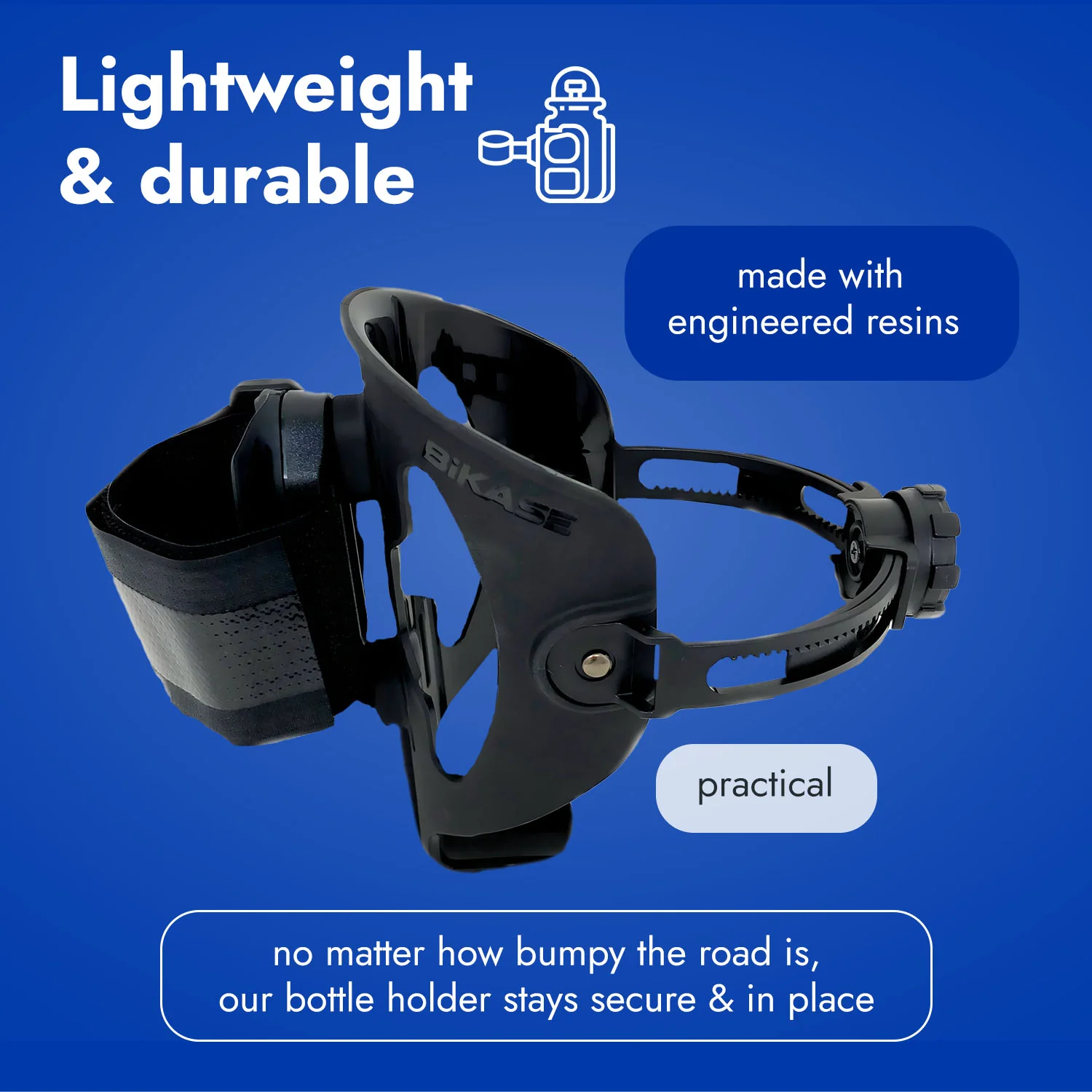 A black bottle holder made from engineered resins is shown. The text highlights that the Adjustable Drink Holder - BIKASE Anywhere by Bikase is lightweight, durable, and practical, ensuring the bottle stays secure regardless of road conditions with its sturdy velcro straps.