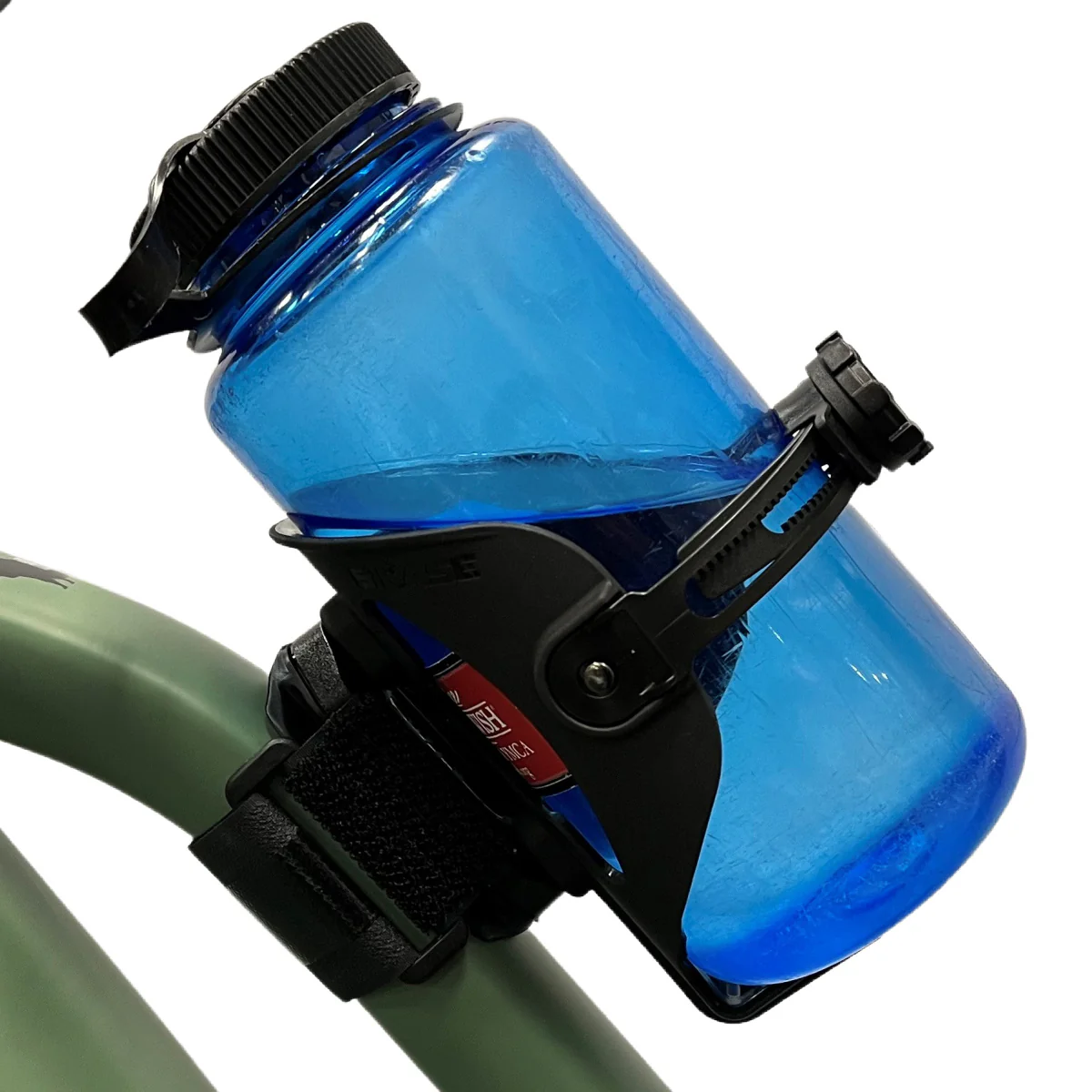 A blue water bottle is secured in a black Adjustable Drink Holder from Bikase Anywhere with sturdy Velcro straps, attached to a green bicycle frame, ensuring universal compatibility.