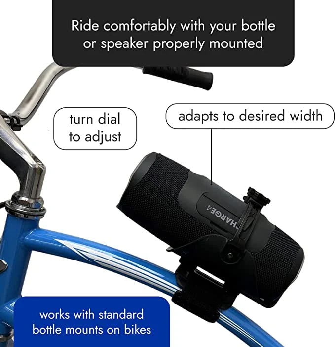 The Adjustable Drink Holder - BIKASE Anywhere by Bikase, with its tool-free installation and universal compatibility, is mounted on the handlebar of a blue bicycle. Text overlays highlight the black adjustable holder's dial and its fit with standard bottle mounts.