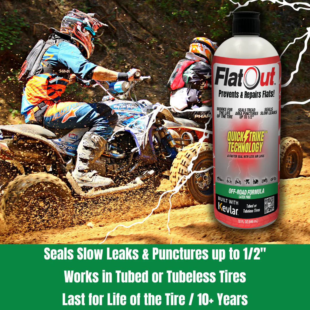 A person rides an ATV off-road, surrounded by dirt and foliage. Inset displays a bottle of Multi Seal's FlatOut - QuickStrike Off-Road tire sealant with Kevlar technology, featuring white text on a green background highlighting product details.