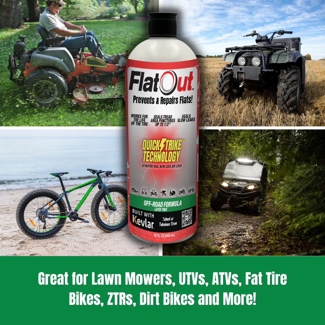 A FlatOut - QuickStrike Off-Road bottle by Multi Seal is displayed with lawn mower, ATV, bike, and off-road vehicle scenes. The text emphasizes its Kevlar-enhanced tire sealant, ideal for mowers, UTVs, ATVs, bikes, and dirt bikes.