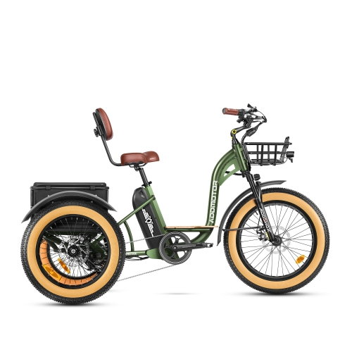 Introducing the Addmotor GRANDTAN II M-340 - a green eTrike featuring a powerful 750W rear motor, convenient front basket, stylish brown seat, and large tires for a smooth ride.
