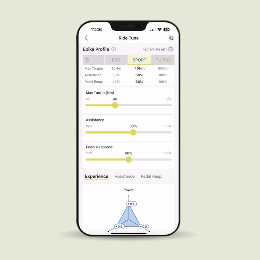 A smartphone displays the Aventon app featuring Aventure 3's SPORT ride tune settings—sliders for max torque, assistance, pedal response, and a power graph—all ideal for Tampa Bay eBikes fans.