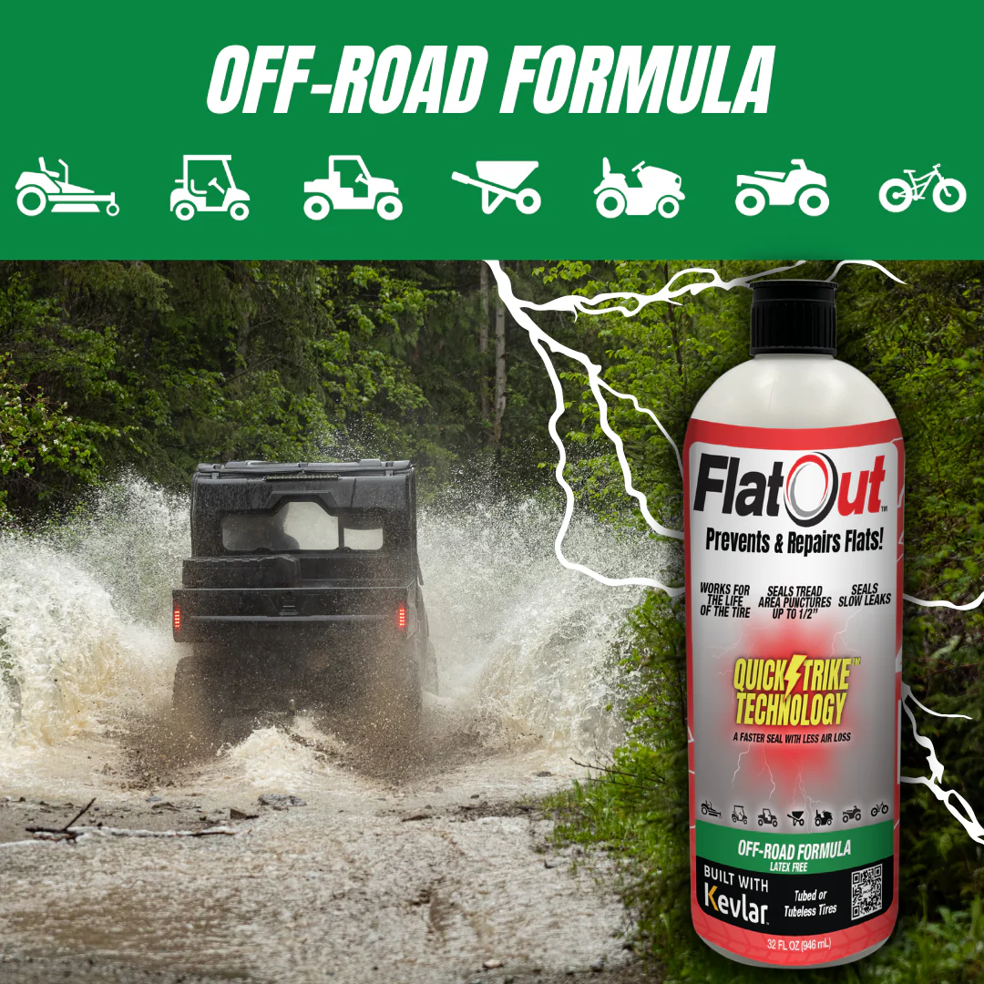 An off-road vehicle navigates muddy terrain with FlatOut - QuickStrike Off-Road tire sealant by Multi Seal, featuring Kevlar-infused protection for superior durability and reliability in tough conditions.