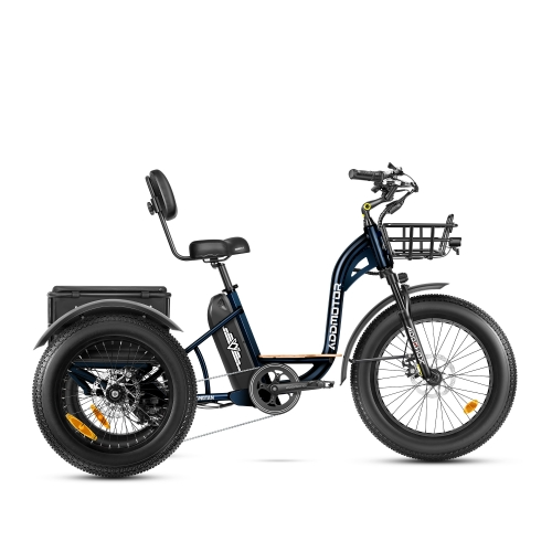 The Addmotor GRANDTAN II M-340 eTrike, in black, features a 750W rear motor and comes equipped with a rear storage box, front basket, and a padded seat with backrest. It is powered by a Samsung cell battery.