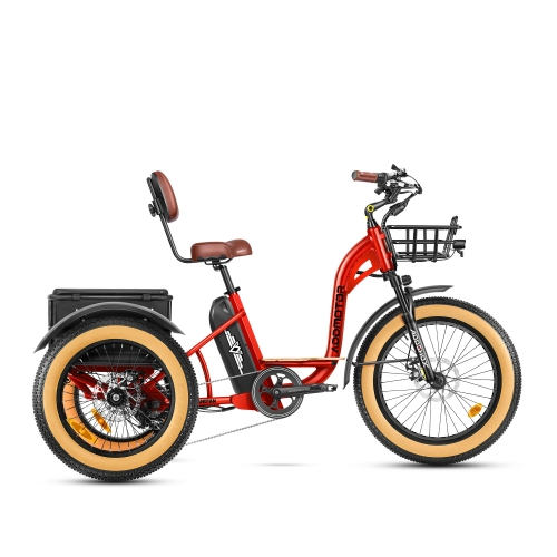 Addmotor GRANDTAN II M-340 three-wheeled eTrike featuring a red frame, cushioned brown seat, large rear storage box, front basket, beige-tire wheels, a 750W rear motor powered by a Samsung Cell Battery.