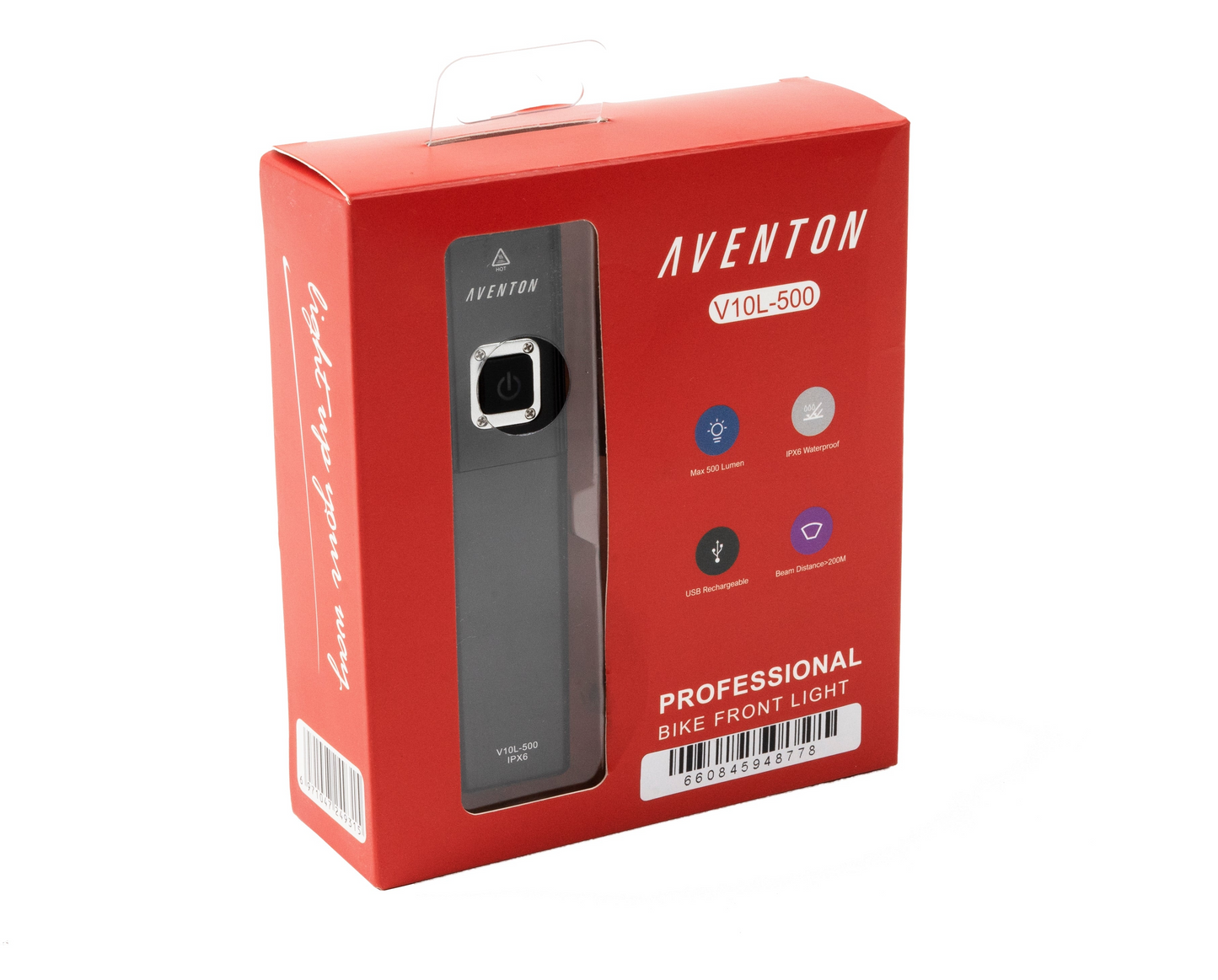 The Aventon V10-500 headlight's red box highlights bike compatibility and features like USB recharge capabilities and an LED indicator.