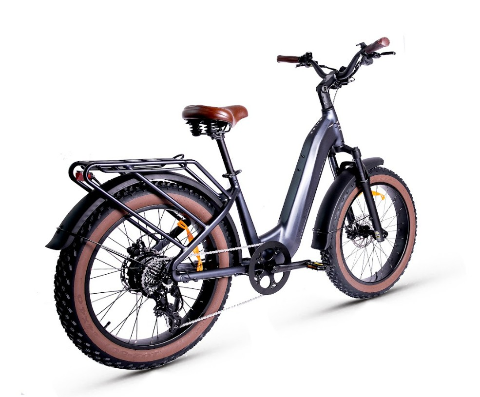 The Magnum - Bliss by Tampa Bay eBikes is a black electric bike with a powerful motor, wide brown tires, rear cargo rack, and front suspension, shown from the rear left against a white background.