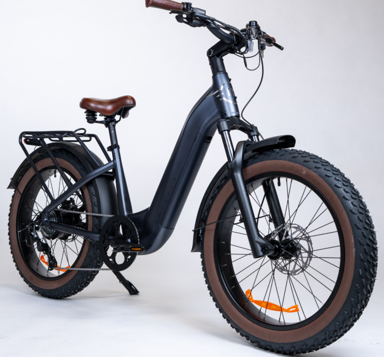 The Magnum - Bliss by Tampa Bay eBikes features a matte black frame, powerful motor, brown saddle, wide tires, front suspension fork, and rear cargo rack, shown on a plain white background.