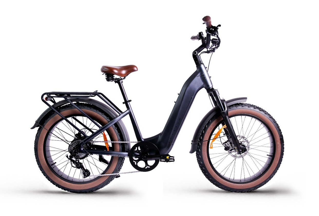 The Magnum - Bliss by Tampa Bay eBikes is a black electric bike featuring a powerful motor, brown saddle and tires, step-through frame, rear cargo rack, fenders, and disc brakes, shown isolated on a white background.