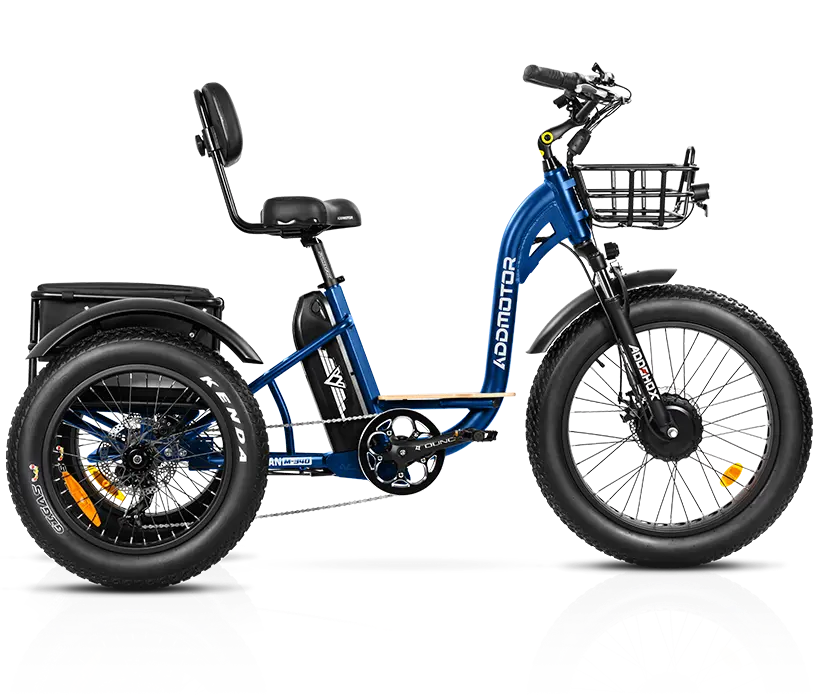 An Addmotor - Grandtan eTrike M340 - Starry Blue electric tricycle with a basket.
