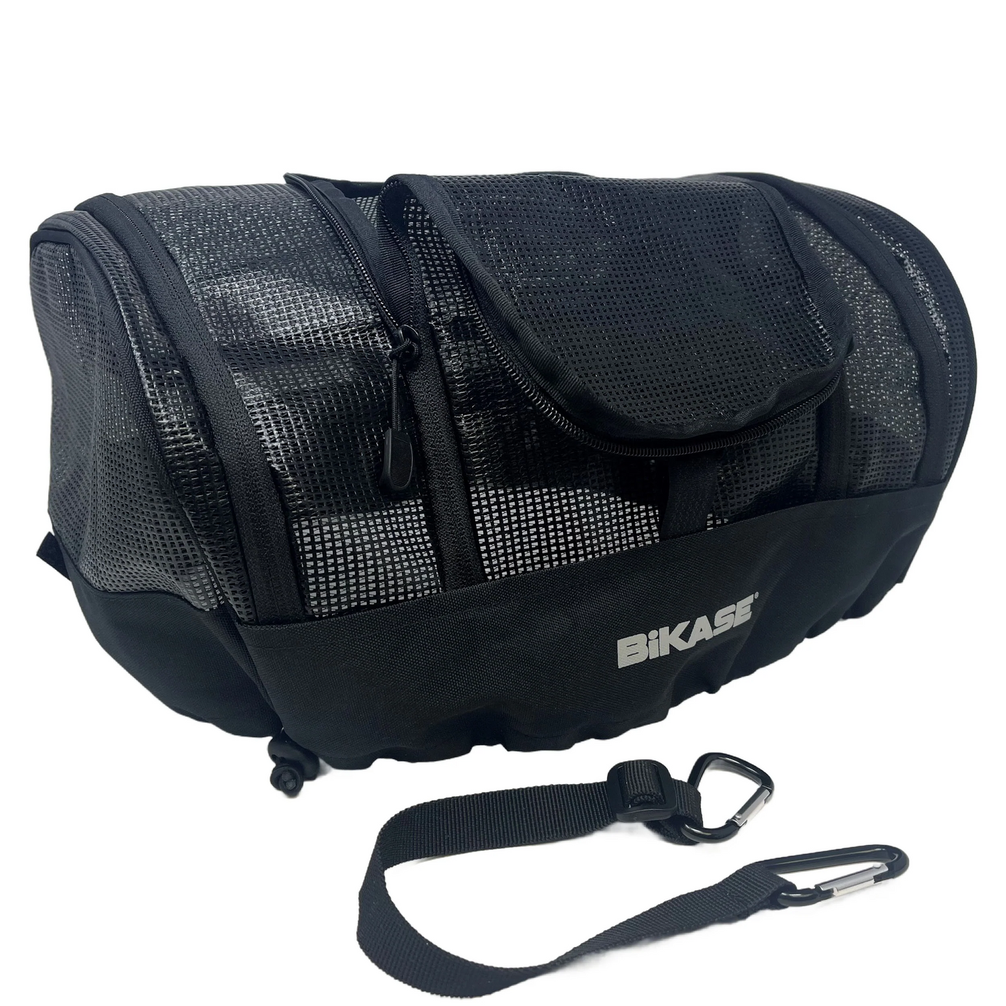 The Bikase Pet Cover Large for Momo Basket is a black mesh and nylon pet carrier with a mesh cover, shoulder strap, carabiner, and zipper pocket—perfect as a convenient bicycle basket.
