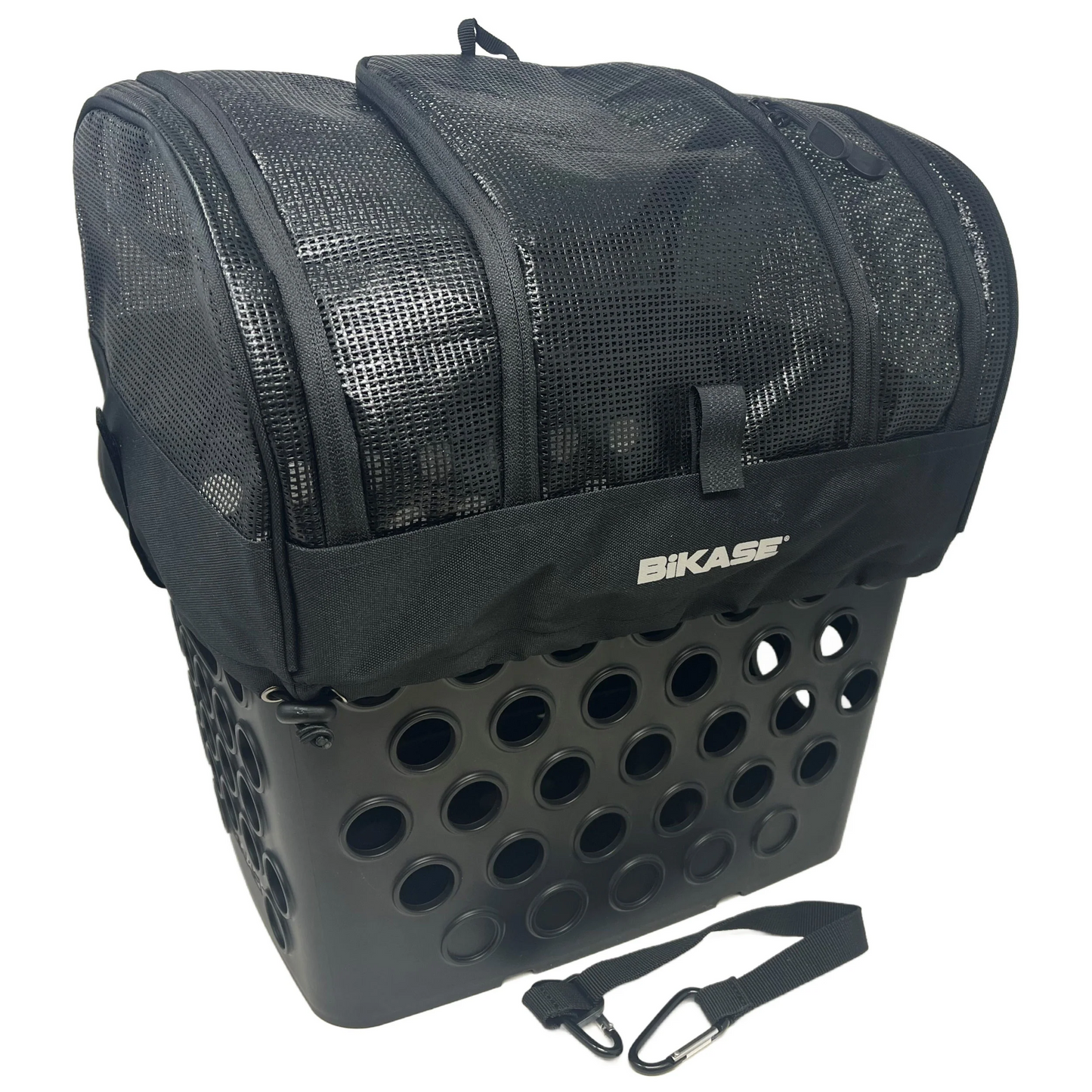 The Pet Cover Large by Bikase is compatible with the Momo Basket, featuring a mesh cover and ventilation holes. It transforms into a bicycle basket with a zippered top and carrying strap for convenience.