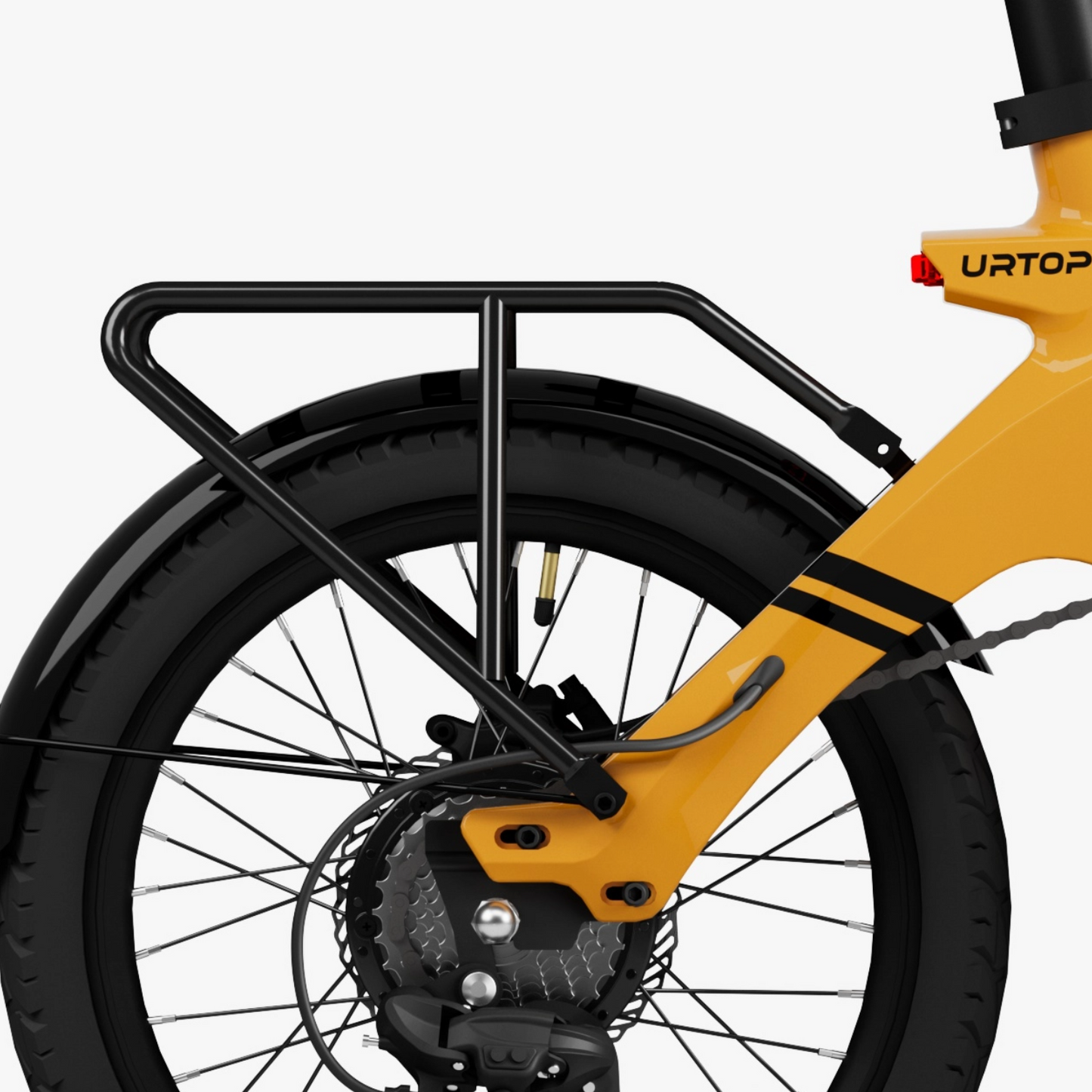 Close-up of a yellow bicycle's rear wheel and derailleur, spotlighting the Rear Rack - Urtopia - Fold 1 in sleek black, embodying Urtopia's innovative style that blends functionality with modern aesthetics.