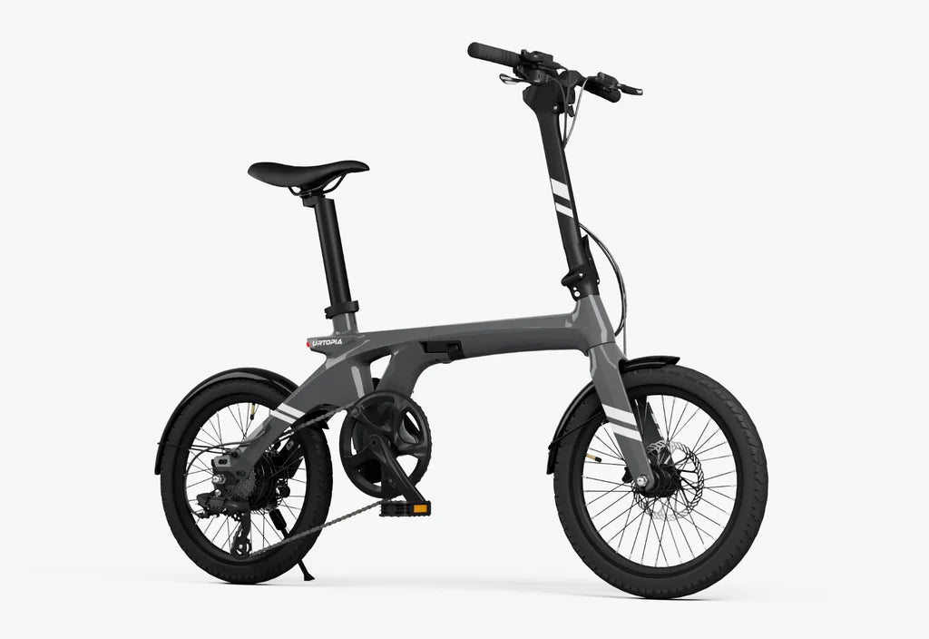 The Urtopia Carbon Fold 1 by Urtopia is a modern gray folding bike with small wheels, a sturdy carbon fiber frame, disc brakes, and an upright handlebar, shown against a plain white background.