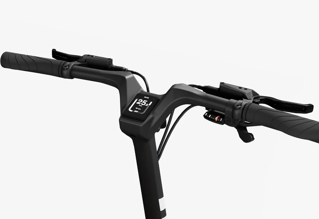 Close-up of the Urtopia - Carbon Fold 1 electric scooter handlebar with digital display for speed and metrics, brake levers, and grips in view. Built by Urtopia with a lightweight carbon fiber frame for superior durability.