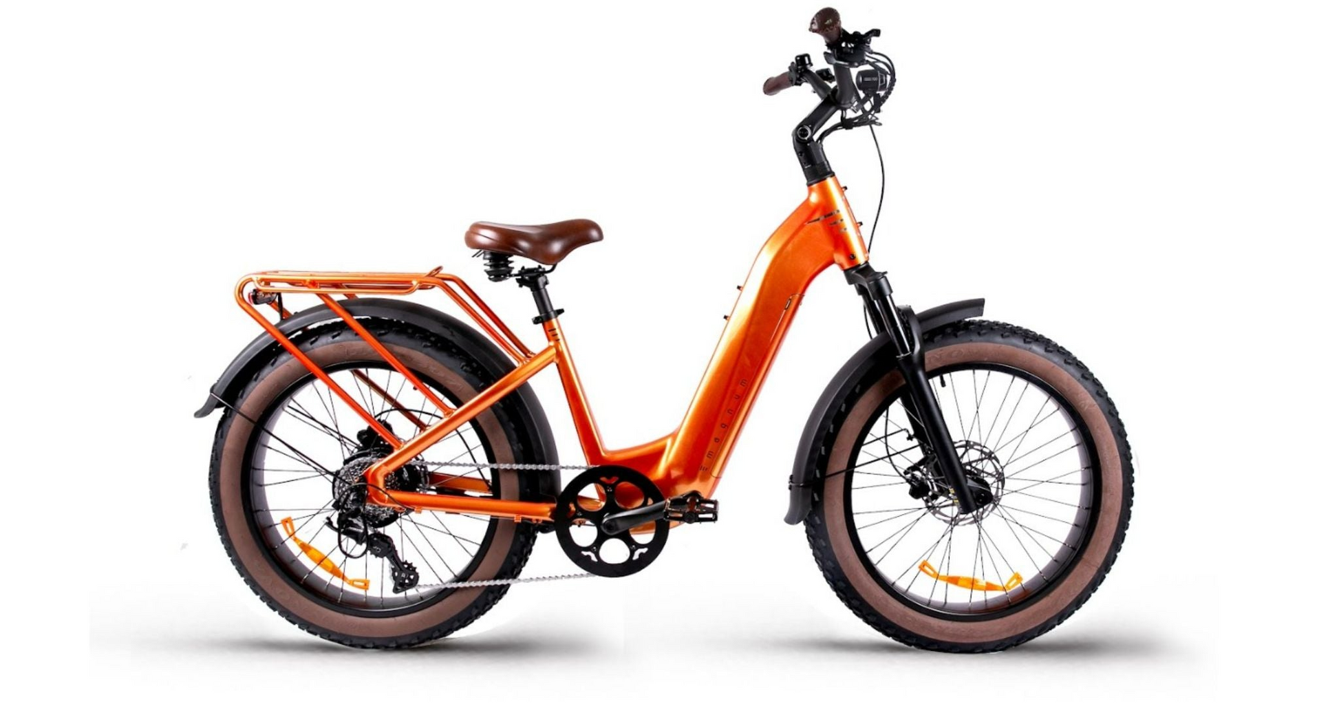 The Magnum - Bliss electric bike by Magnum features fat tires, a 750W motor, front suspension, a rear cargo rack, and upright handlebars—shown on a white background.